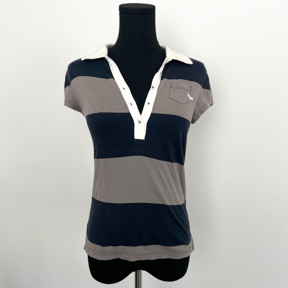 Nallie Polo Shirt with Navy and Gray Stripes in Size S